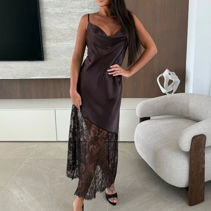 Tuularose Fashion Lace Long Dress Women's New Sexy V-Neck Lace Satin Patchwork Halter Dress Elegant Luxury Vintage Party Dresses