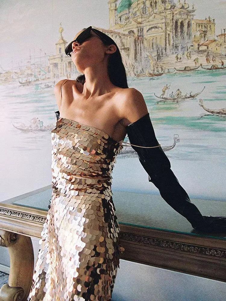 High quality sequin luxury suspender women girl dress, banquet annual party meeting dresses skirt Strap Sleeveless Skinny Shiny