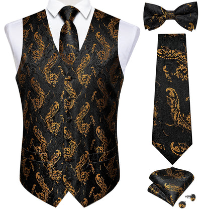 Men's Black Solid Paisley Suit Vest with Necktie Bow Tie Handkerchief Cufflinks Formal Waistcoat for Wedding Prom Tuxedo