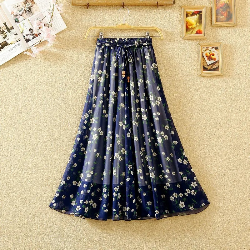 Elegant Chiffon Long Skirts For Women Autumn Casual Women's Floral Print Maxi Skirt Female High Waist Elastic A-Line Skirts