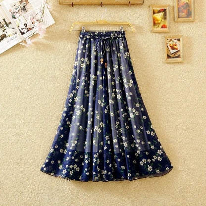 Elegant Chiffon Long Skirts For Women Autumn Casual Women's Floral Print Maxi Skirt Female High Waist Elastic A-Line Skirts