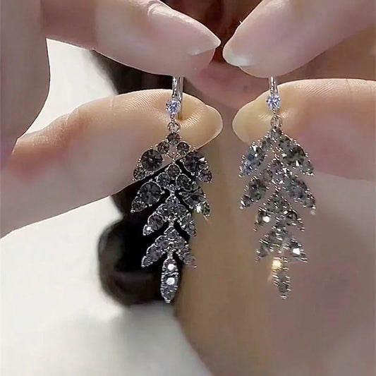 New Vintage Statement Gray Crystal Leaf Earrings for Women Fashion Unique Accessories Party Jewelry Birthday Anniversary Gifts