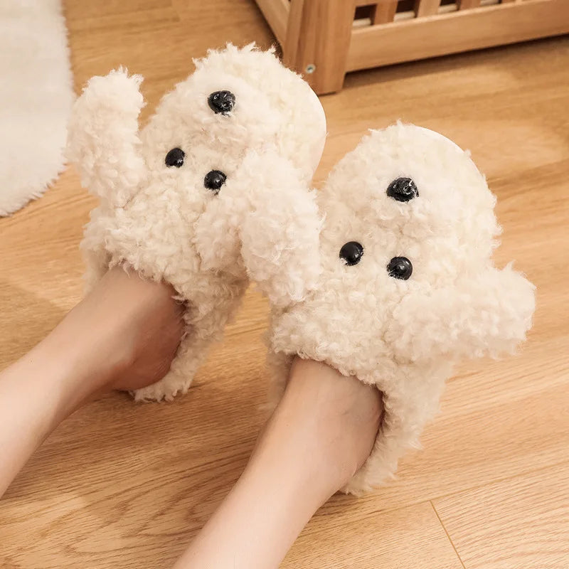 Gacimy Winter Warm Cotton Slippers For Women Comfortable Cute Dog Furry Shoes Couple Indoor Soft Platform Bedroom Plush Slippers