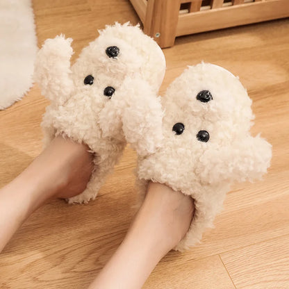 Gacimy Winter Warm Cotton Slippers For Women Comfortable Cute Dog Furry Shoes Couple Indoor Soft Platform Bedroom Plush Slippers