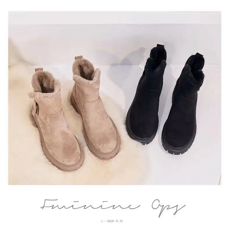 2026 New Winter Women's Snow Boots Trendy Mid Top Plush Thickened Warm Cotton Shoes Leather Wool Integrated Winter Women's Boots