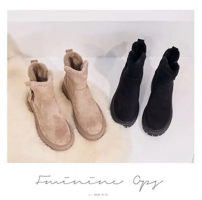 2026 New Winter Women's Snow Boots Trendy Mid Top Plush Thickened Warm Cotton Shoes Leather Wool Integrated Winter Women's Boots