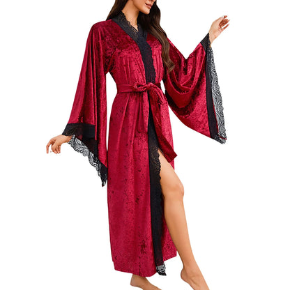Women's Lace Velvet Bathrobe Breathable Nightgown Kimono Home Clothes Flare Sleeve Night Long Robe Female Sleepwear Homewear