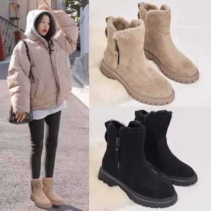 2026 New Winter Women's Snow Boots Trendy Mid Top Plush Thickened Warm Cotton Shoes Leather Wool Integrated Winter Women's Boots