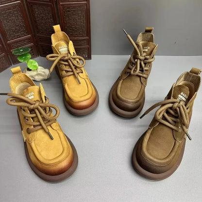 Flat Shoes Women's Genuine Leather Round Toe Stitched Lace Up Thick Sole Women's Low Heel Shoes Handmade Large Size