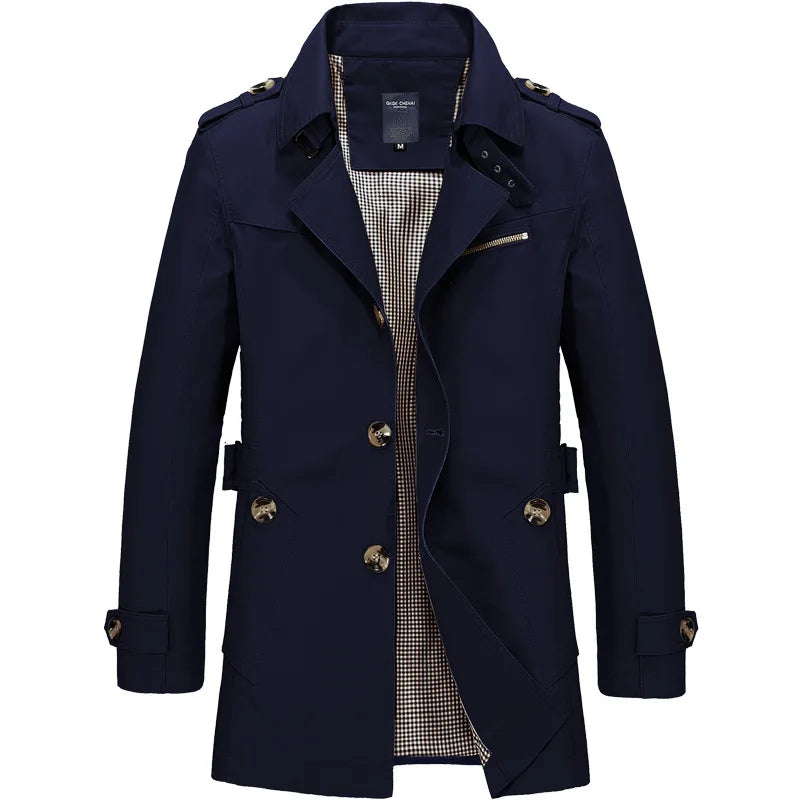 Men's Spring and Autumn New Fashion Casual Cotton Trench Coat, Solid Color Lapel Single-breasted Mid-long Splicing Trench Coat