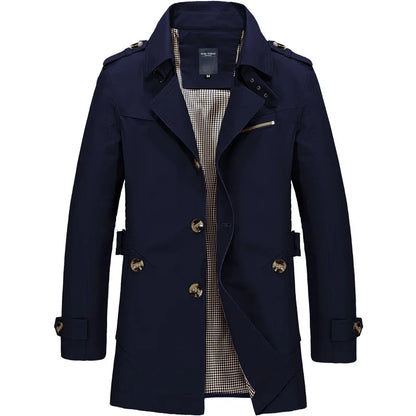 Men's Spring and Autumn New Fashion Casual Cotton Trench Coat, Solid Color Lapel Single-breasted Mid-long Splicing Trench Coat