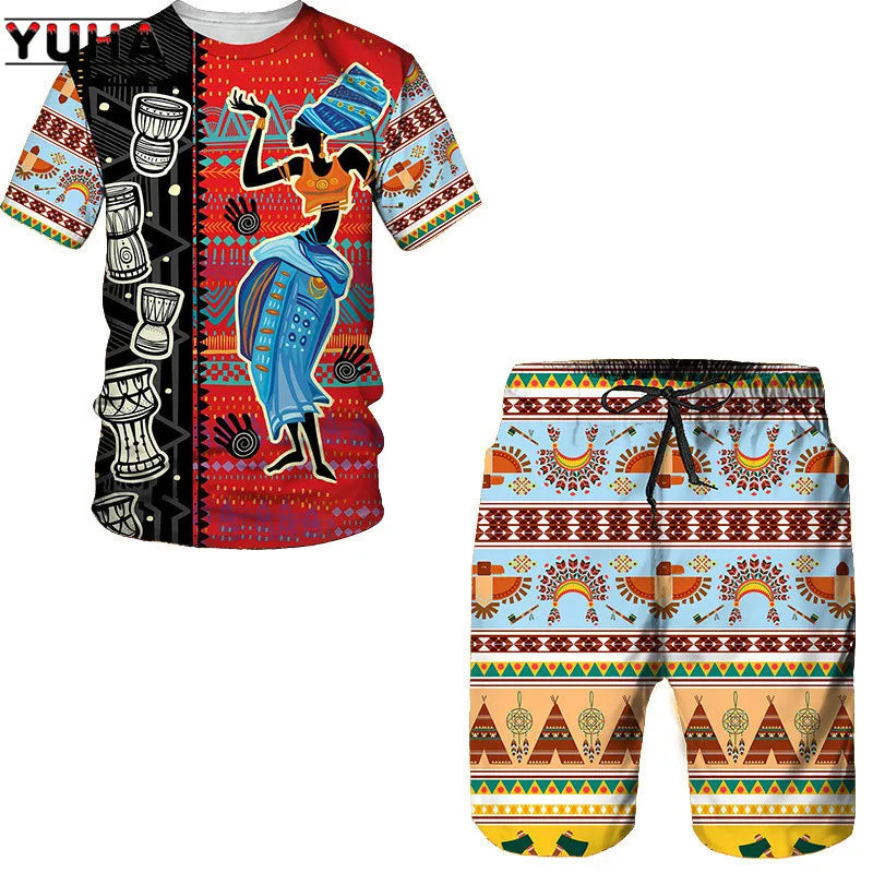 YUHA,3D Printed Men T-shirt Shorts Set 2pc Hip Hop Style Short Sleeve O-neck Summer African Folk-custom Pattern Men's Clothing S