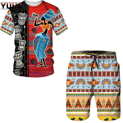 YUHA,3D Printed Men T-shirt Shorts Set 2pc Hip Hop Style Short Sleeve O-neck Summer African Folk-custom Pattern Men's Clothing S