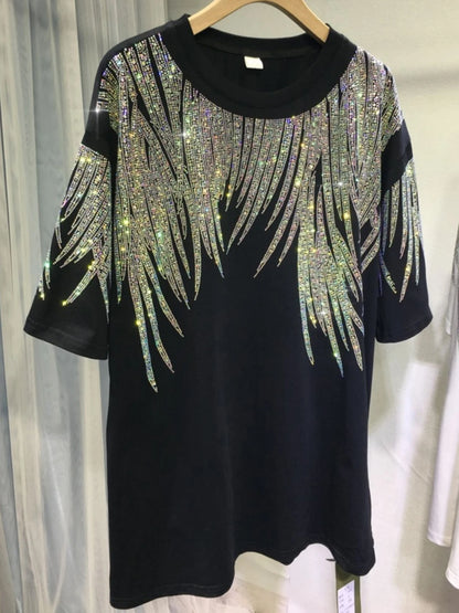 Plus Size Tops Short Sleeve Oversized Graphic Tees for Women Crew Neck Rhinestones T Shirts Loose Fit Sparkling Casual Party