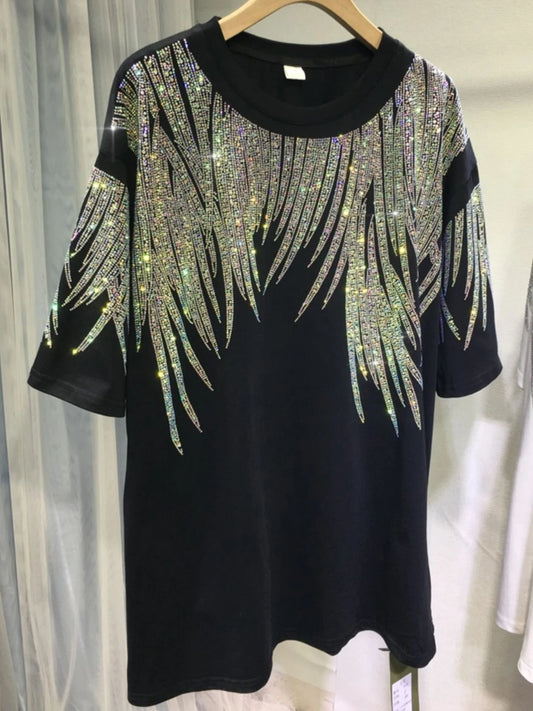 Plus Size Tops Short Sleeve Oversized Graphic Tees for Women Crew Neck Rhinestones T Shirts Loose Fit Sparkling Casual Party