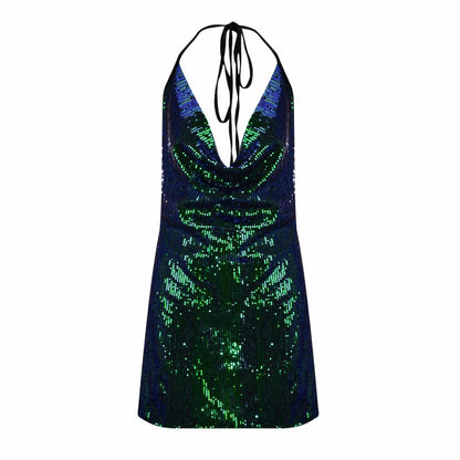 Women's Sexy Dresses Sequin Backless Deep V-Neck Sleeveless Halter Mini Dress Bodycon Pleated Low Cut Clubwear Party Dress