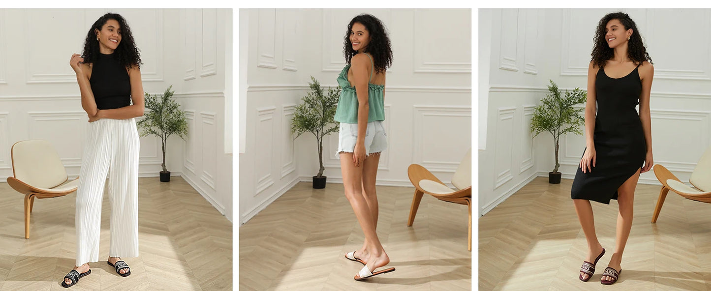 Summer Women Letter Flat Sandals Casual Comfortable Slip Slide 2024 Fashion Vintage Slippers Shoes Classic New