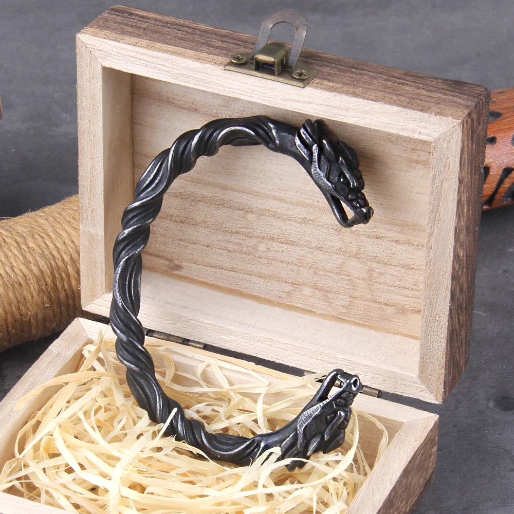 Stainless Steel Nordic Viking Norse Dragon Bracelet Men Wristband Cuff Bracelets with Viking Wooden Box