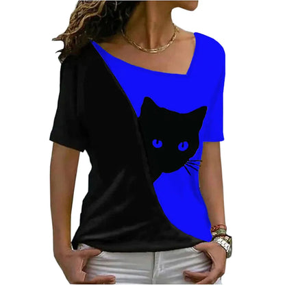 2023 summer women clothes blouse new style inclined collar black cat print short sleeve T-shirt women