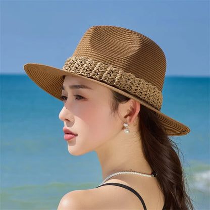 Women Wide Brim Sun Hat with Bowknot Ribbon Summer Beach Straw Hat Foldable Floppy Fedora Hat for Vacation Travel Party Clothes