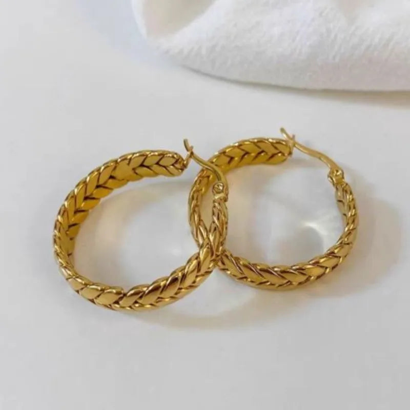 ANENJERY 316L Stainless Steel Gold Color Wheat Hoop Earrings for Women Luxtry Geometric Jewelry Festival Gift