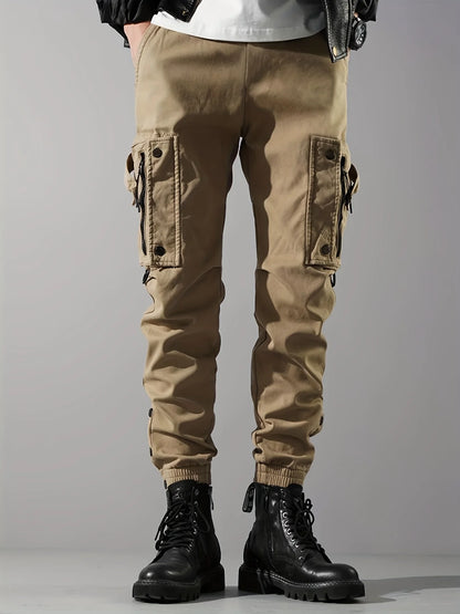 Mens Trousers Popular Casual Slim Fit Solid Color Pocket Cargo Pants Loose Wide Leg Straight Elastic High Waisted Pantalones