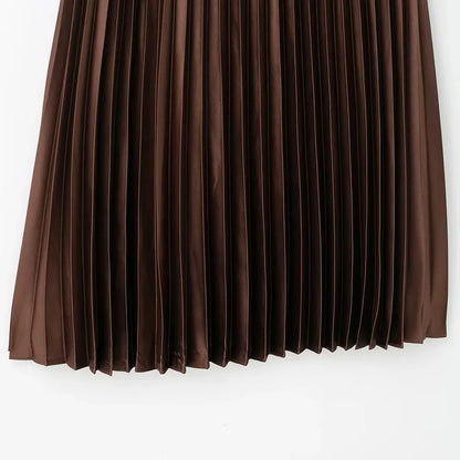 TRAF Elegant Party Midi Skirts 2025 Women's Spring Mid Waist Pleated Skirts Fashion Casual Vintage Beige Brown Long Skirts