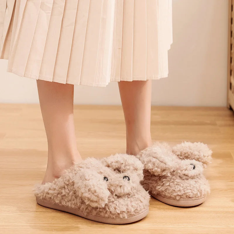 Gacimy Winter Warm Cotton Slippers For Women Comfortable Cute Dog Furry Shoes Couple Indoor Soft Platform Bedroom Plush Slippers