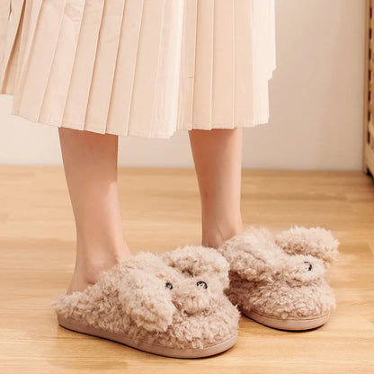 Gacimy Winter Warm Cotton Slippers For Women Comfortable Cute Dog Furry Shoes Couple Indoor Soft Platform Bedroom Plush Slippers