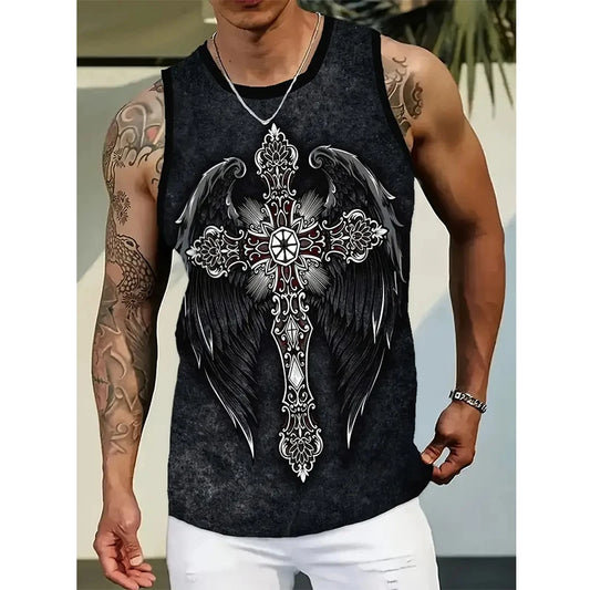 Men's Vintage Shirt Vest Pattern Wing O Neck 3D Outdoor Street Sleeveless Printed Clothing Athletic Casual Big & Tall Tank Top