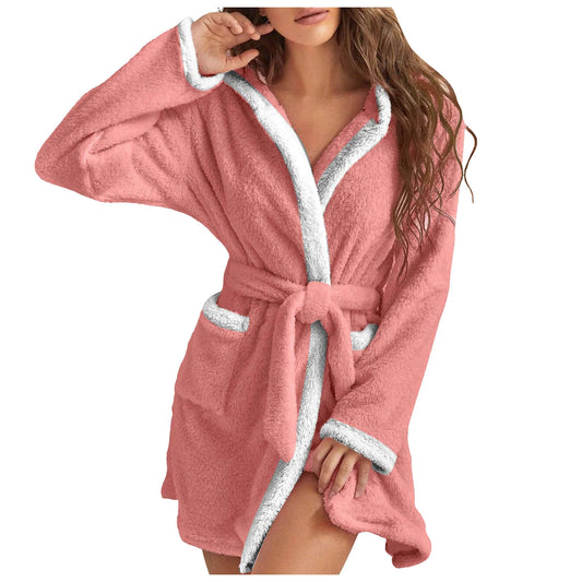 Women Coral Fleece Bathrobe Autumn And Winter Home Warm Sleepwear Casual Solid Color Matching Shower Robes Hooded Kimono Robe