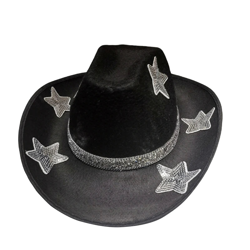 Women Glitter Cowboy Hat with Sequin Stars and Wide Brim Stylish Western Beach Hat for Wedding Carnival Rave Party and