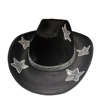 Women Glitter Cowboy Hat with Sequin Stars and Wide Brim Stylish Western Beach Hat for Wedding Carnival Rave Party and