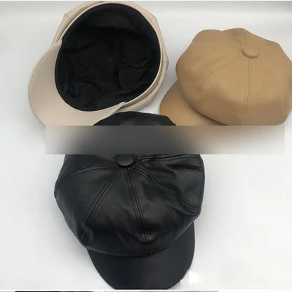 Vintage Style Wool Blend Newsboy Cap with Button Detail and PU Leather Visor for Women - Classic British Beret Hat