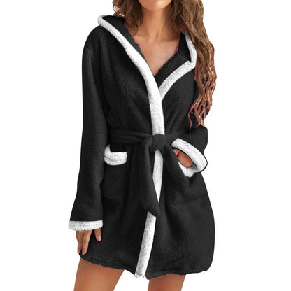 Women Coral Fleece Bathrobe Autumn And Winter Home Warm Sleepwear Casual Solid Color Matching Shower Robes Hooded Kimono Robe