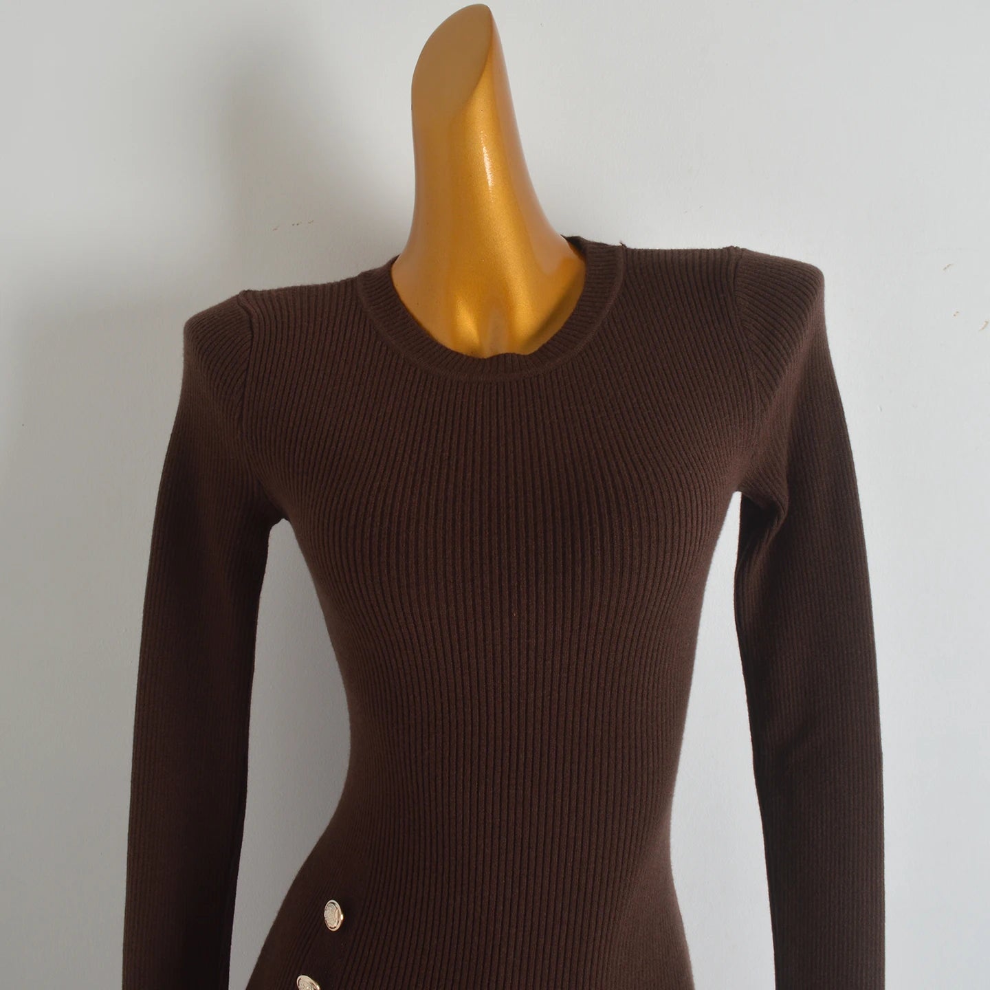 Spring Autumn Knitted Elastic Waist Dress Coat Design Button round Neck Bodycon Skirt Casual Style Long Sleeve Women's Dress