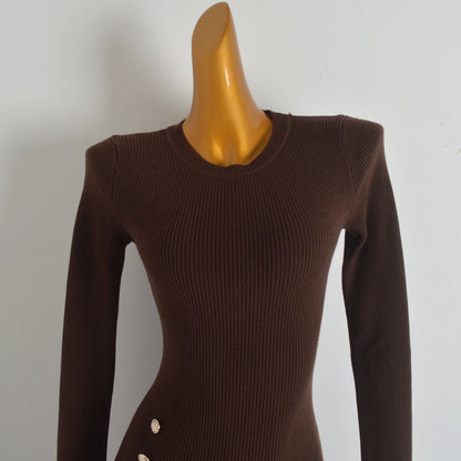 Spring Autumn Knitted Elastic Waist Dress Coat Design Button round Neck Bodycon Skirt Casual Style Long Sleeve Women's Dress
