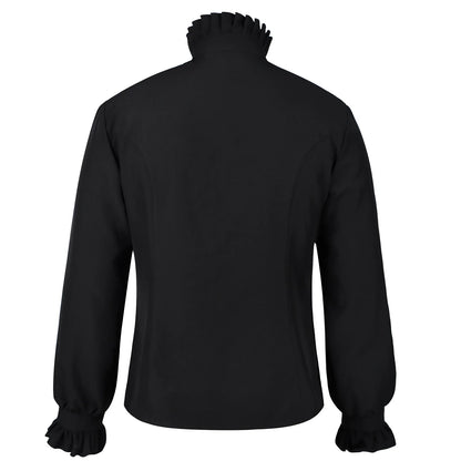 2026 Black&White Vintage Court-Style Stand Collar Ruffled Shirts for Men,Gothic Pleated Cuffs Glamorous Pirate-Style Men's Shirt