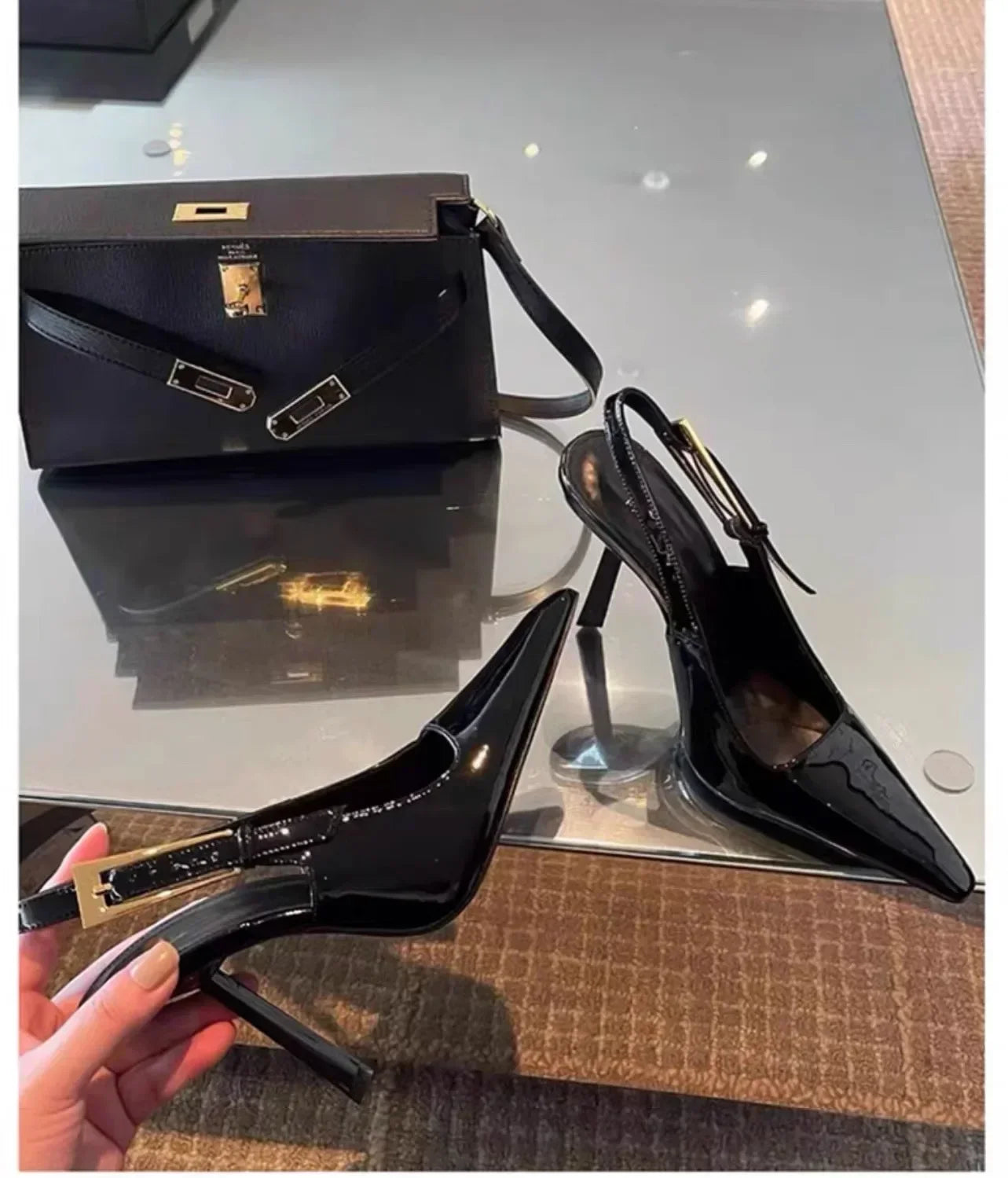 Patent leather high heels Women 2024 new gold with one-line sandals pointy skinny heels party women's shoes