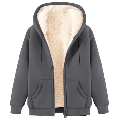 Women Solid Color Fleece Thickened Hoodies Large Size M-5XL Zip Up Warm Lined Thermal Sweatshirt Fall Winter Hooded With Pockets