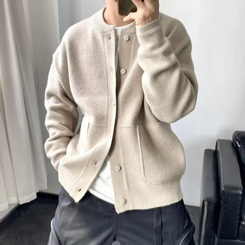 Knitted Cardigan Men Single Breasted Sweaters Long Sleeve O Neck Jumpers Solid Button Loose Fit Casual 2025 Winter Outerwear