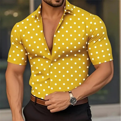 New Men's Short Sleeve Button Shirt Polka Dot Lapel Fashion Design Casual Lightweight Breathable Comfortable Outdoor Men Clothes