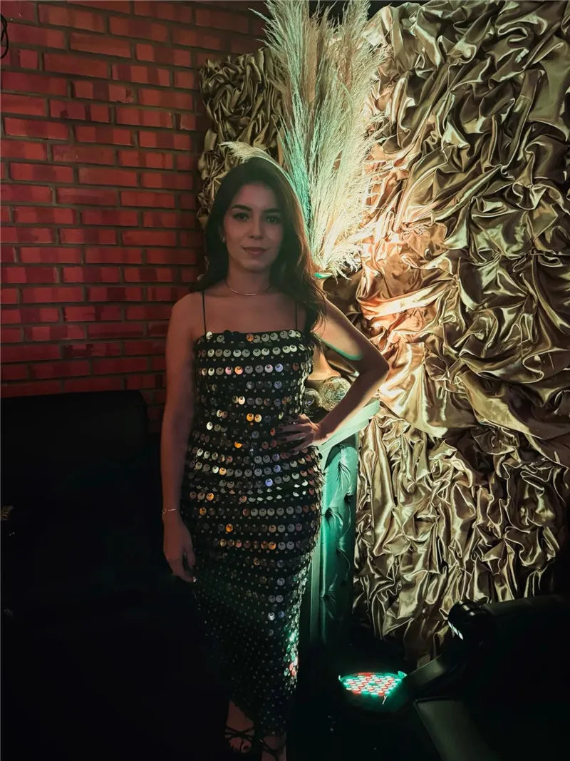 High quality sequin luxury suspender women girl dress, banquet annual party meeting dresses skirt Strap Sleeveless Skinny Shiny
