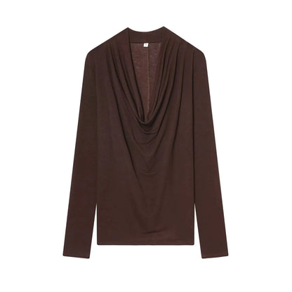 BSAY Knitted T-shirt Women Fashion Autumn Winter Tee Pullover Top Chic Female Long Sleeved draped neckline T-Shirts Mjuer