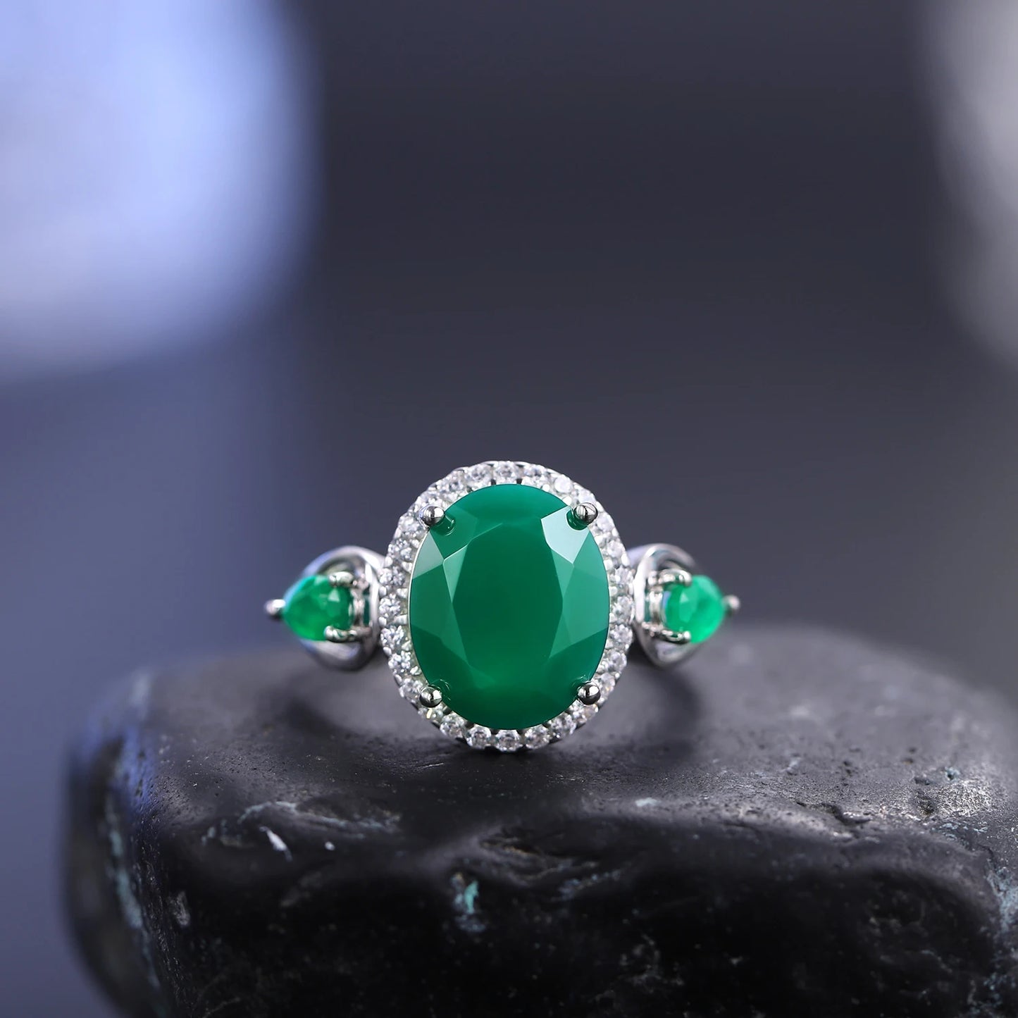 Gem's Ballet 3.73Ct Natural Green Agate Gemstone Ring Solid 925 Sterling Silver For Women Vintage Onyx Rings Fine Jewelry