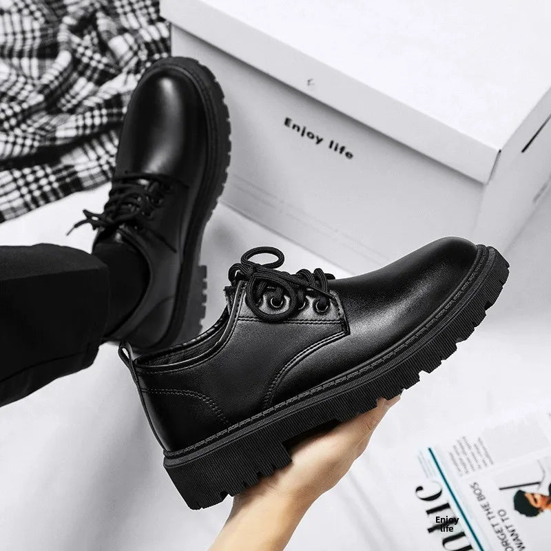 Men's Casual Leather Shoes Thick Bottom Leisure Trendy British Style Winter New Arrival Breathable round Toe Low Heel