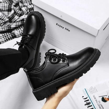 Men's Casual Leather Shoes Thick Bottom Leisure Trendy British Style Winter New Arrival Breathable round Toe Low Heel