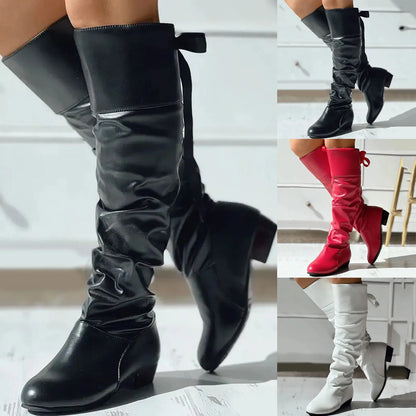 Womens Fashion Leather Shoes Bow Tie Thick Heel Long Boots Socks For Women Knee High Boots British Style 2024 Winter Flat Shoes