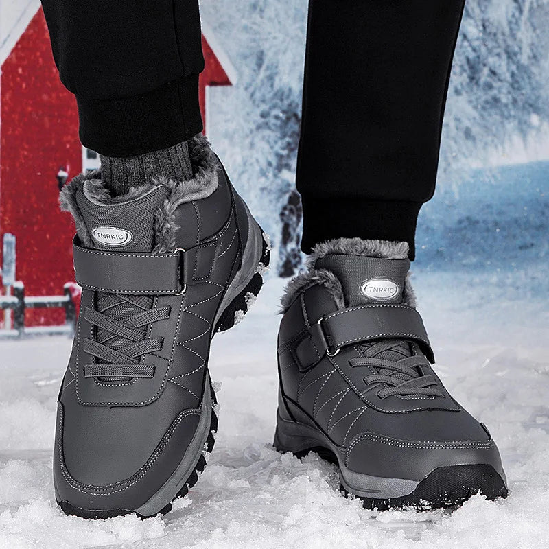 Winter Men Boots Leather Waterproof Outdoor Non-slip Hiking Shoes Unisex Men Women Warm Plush Ankle Boot Big Size 47 48