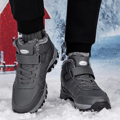 Winter Men Boots Leather Waterproof Outdoor Non-slip Hiking Shoes Unisex Men Women Warm Plush Ankle Boot Big Size 47 48